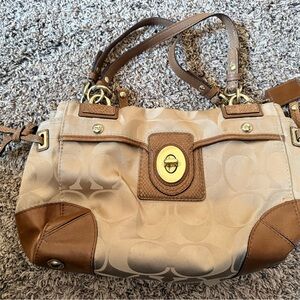 Vintage Coach Beige and Brown Signature Canvas Shoulder Bag